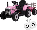 12V Kids Ride On Tractor with Trailer & Remote Control, Toddler Battery Powered Electric Vehicle, Slow Start 7LED Headlights USB Music Player 2+1 Gear Shift, Pink, 35W/ EVA Tire
