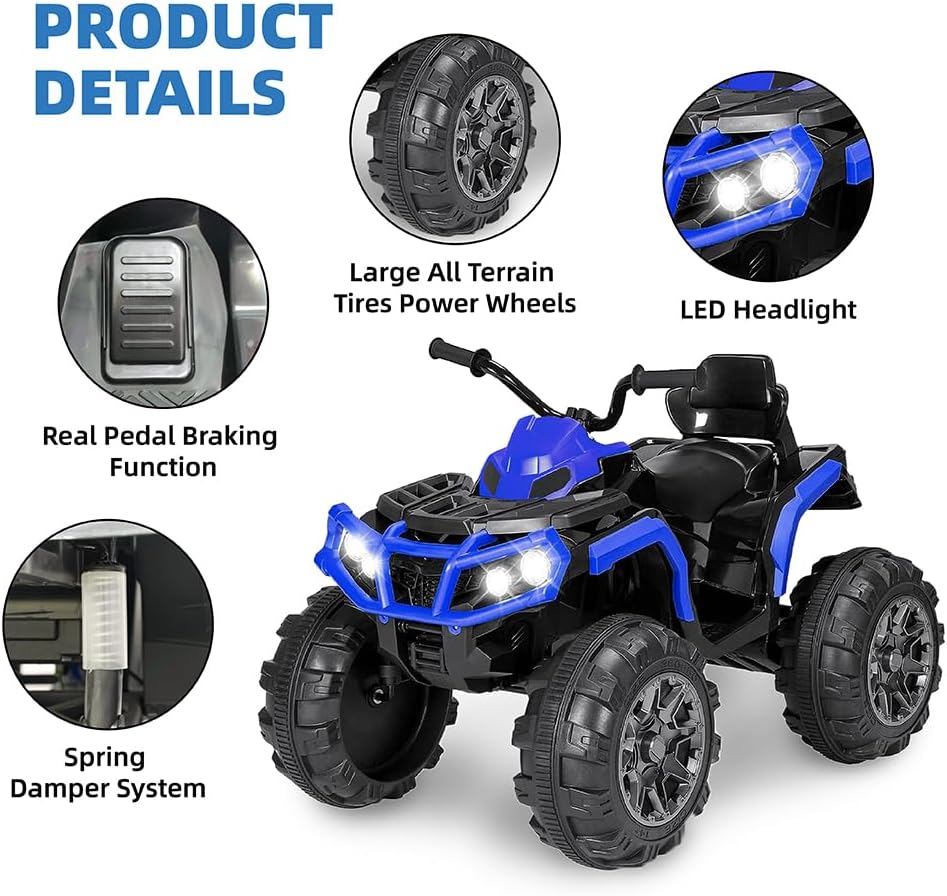 TCARAIWEN 24V Kids Ride on ATV 4 Wheelers for 3-5 Years Old with Music Player, Kids Ride on Cars, Blue