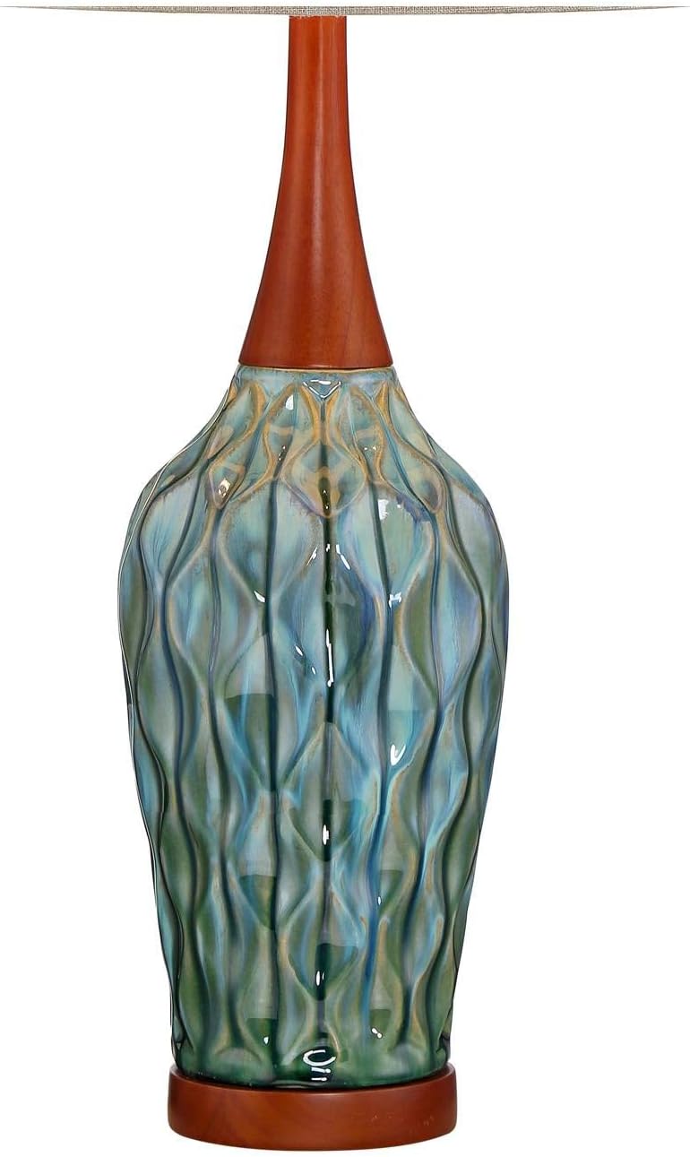 360 Lighting Rocco Mid Century Modern 3-Way Table Lamp with Table Top Dimmer 30' Tall Blue Teal Glaze Ceramic Cherry Wood Linen Fabric Drum Shade for Cottage Core Living Room (Colors May Vary)