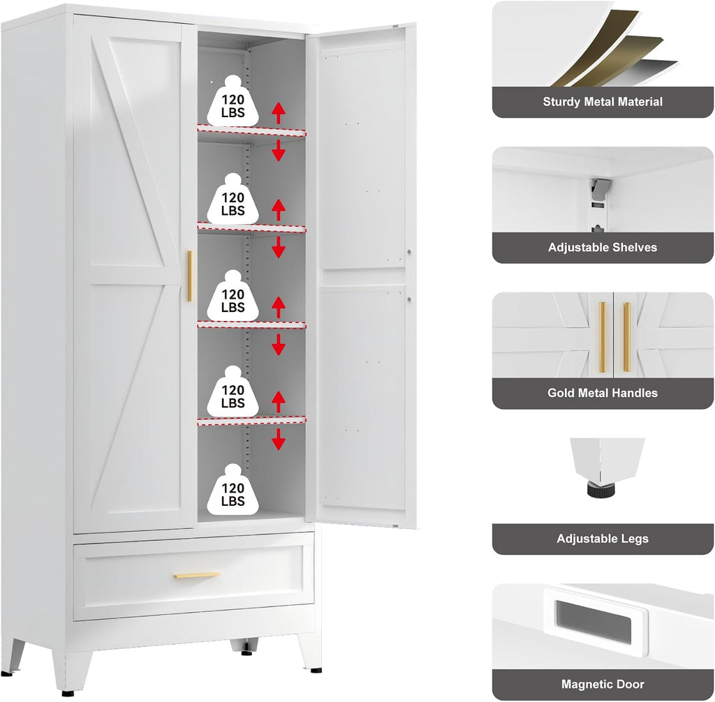 QINPTWUT 71' Storage Cabinet with Bottom Drawer, Pantry Cabinet in White with 2 Doors & 4 Adjustable Shelves, Freestanding Steel Cupboard for Garage, Home Office, Kitchen, Heavy-Duty Storage