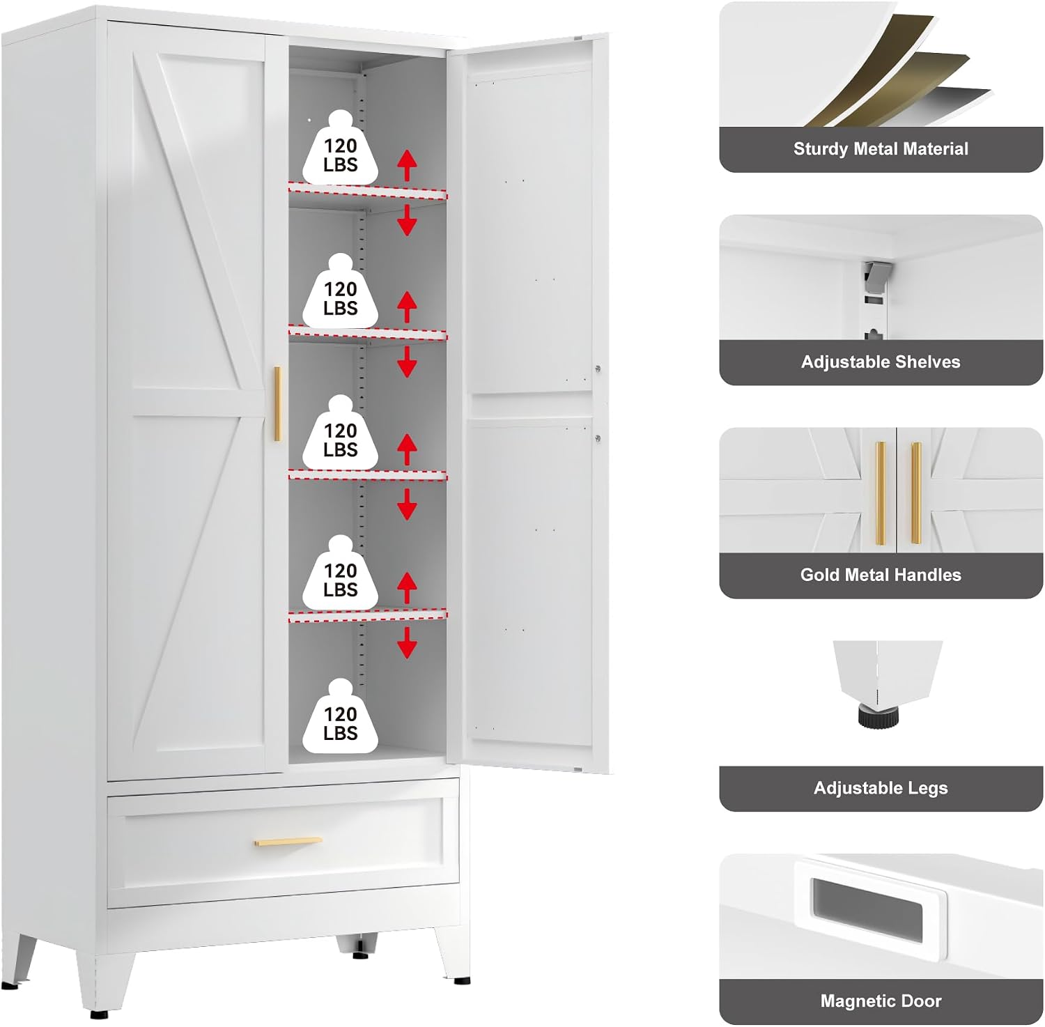 QINPTWUT 71' Storage Cabinet with Bottom Drawer, Pantry Cabinet in White with 2 Doors & 4 Adjustable Shelves, Freestanding Steel Cupboard for Garage, Home Office, Kitchen, Heavy-Duty Storage