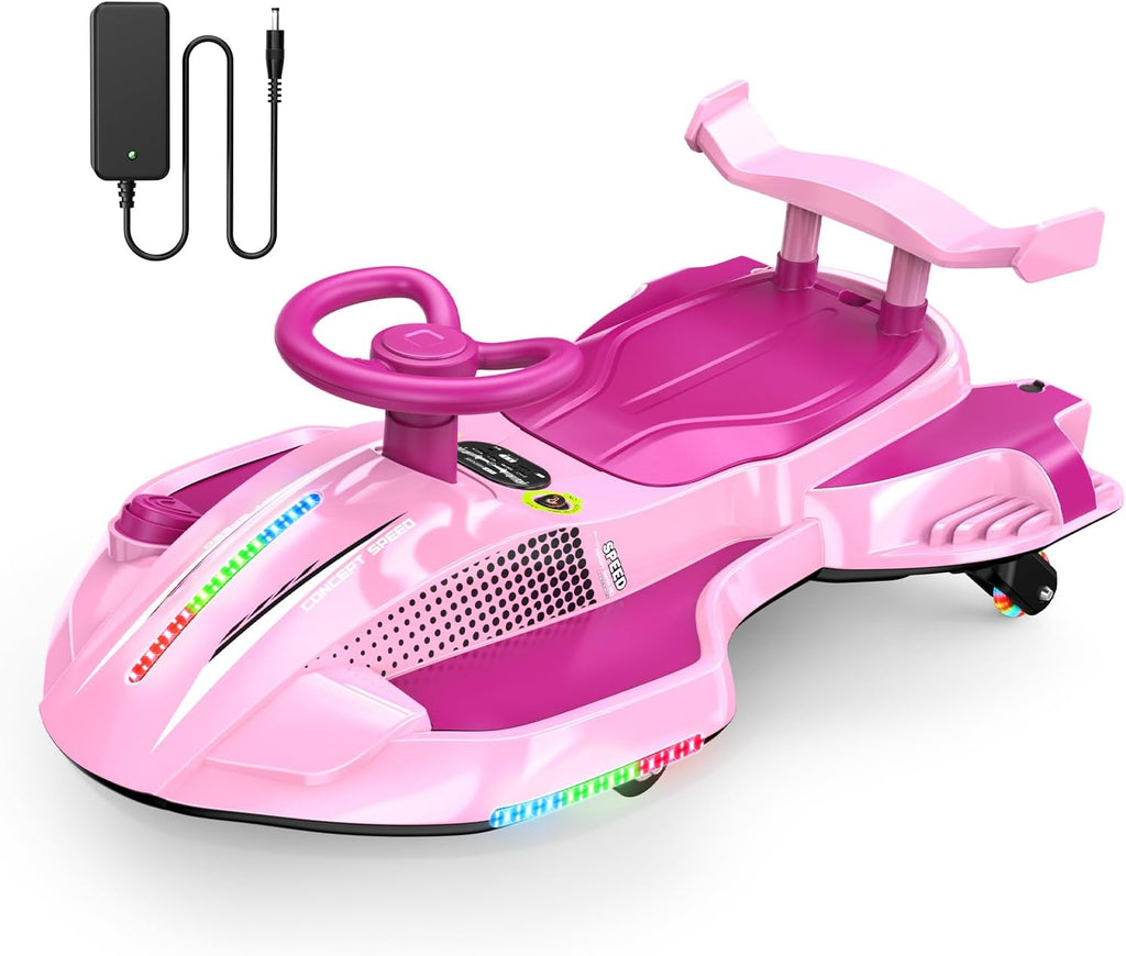 12V Electric Wiggle Car Ultra with Pedals, Rechargeable Swing & Drift Car, Anti-Rollover Design with Backrest, Spray, Flashing Lights, Music & Bluetooth, for Ages 3 and Up, 150 lbs(Pink)