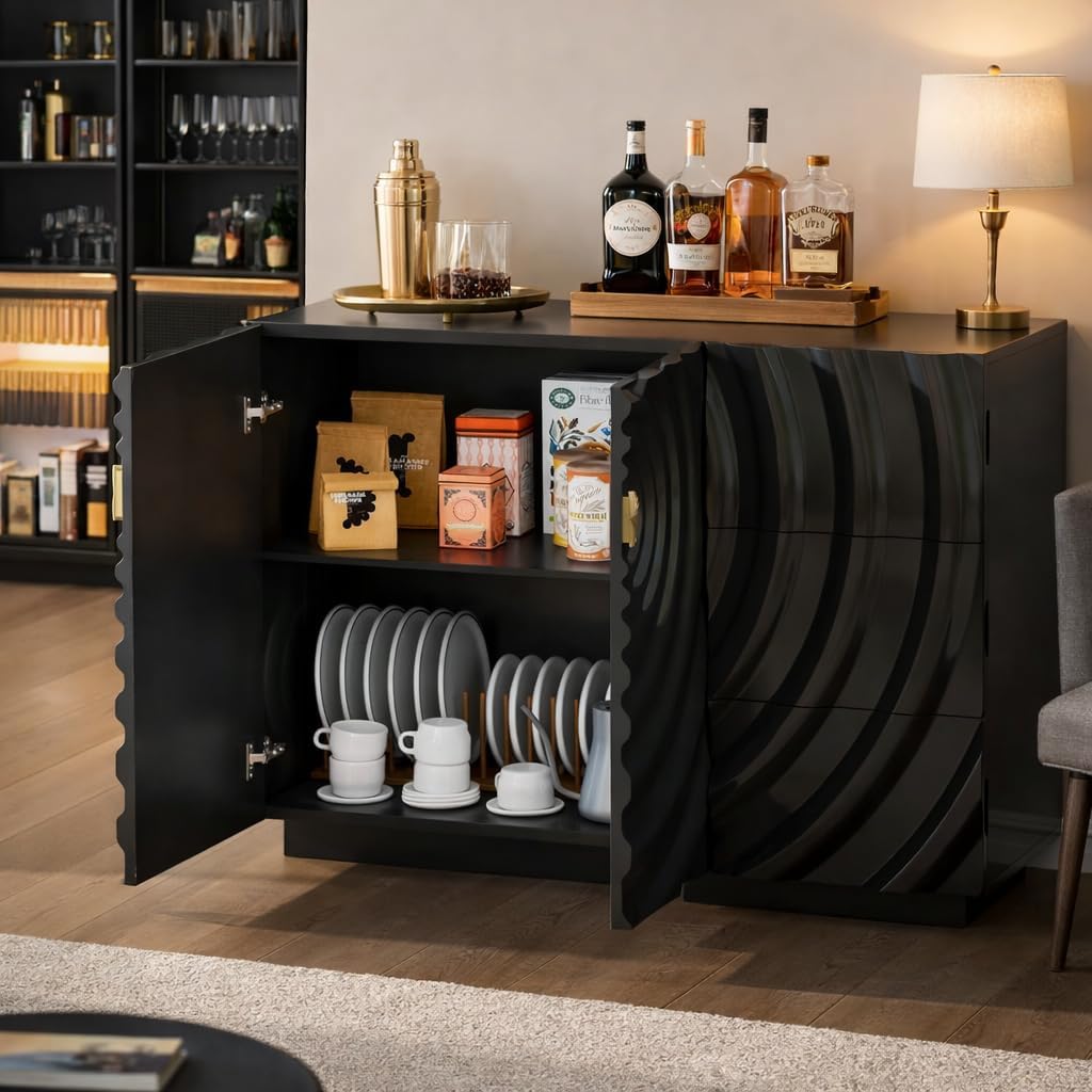 LVSOMT 47.2' Sideboard Buffet Cabinet, Modern Buff Storage Cabinet with Drawers, Adjustable Shelf, Spiral Pattern Accent Credenza, Coffee Bars for Kitchen Entryway (High Gloss Black)