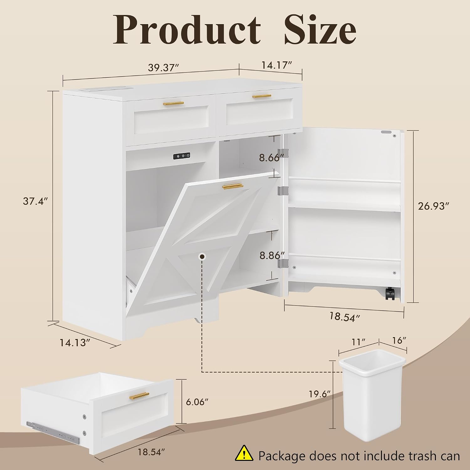 VECELO Tilt Out Trash Cabinet with Storage 9 Gallon Cabinet Trash Can with 2 Drawers, Free Standing Recycling Trash Can Storage with Ozone Generator/Charging Station, Pet Proof, White