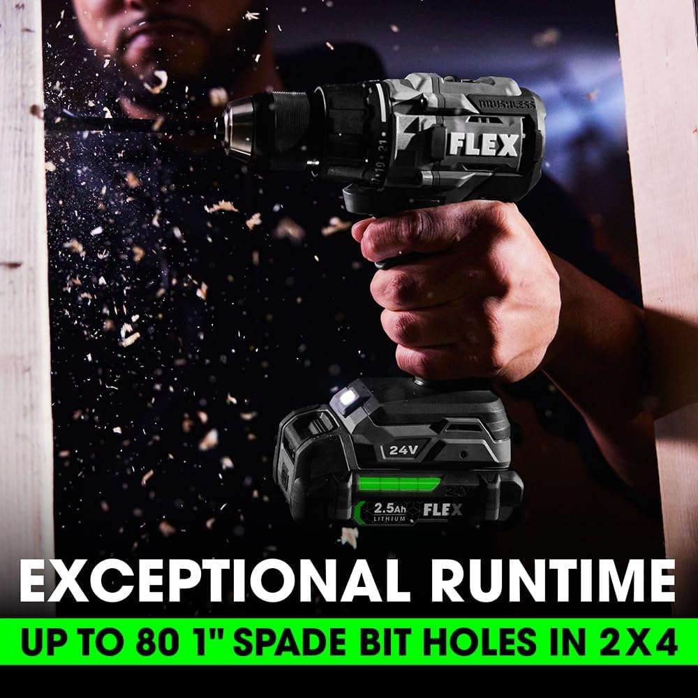 FLEX 24V Brushless Cordless 2-Tool Combo Kit: 1/2-Inch 2-Speed Drill Driver and 1/4-Inch Hex Impact Driver with (2) 2.5Ah Lithium Batteries and 160W Fast Charger - FXM201-2A
