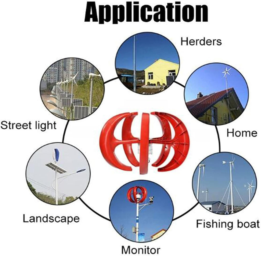 12V/24V 5 Blades Lantern Wind Turbine Generator 3000W Vertical Windmill Wind Generator Permanent Magnet Generator with Controller for Home/Terrace (Red)