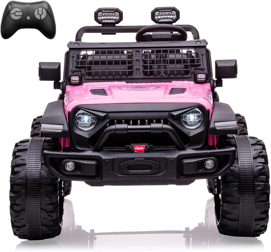 24V 2 Seaters Kids Ride On Truck with Remote Control, 20' Large Seat + 15.5' Large Wheels, Electric Vehicle Car with LED Light, Storage Space, Bottle Holder,Music, Horn,USB for 3-8 Years (Pink)
