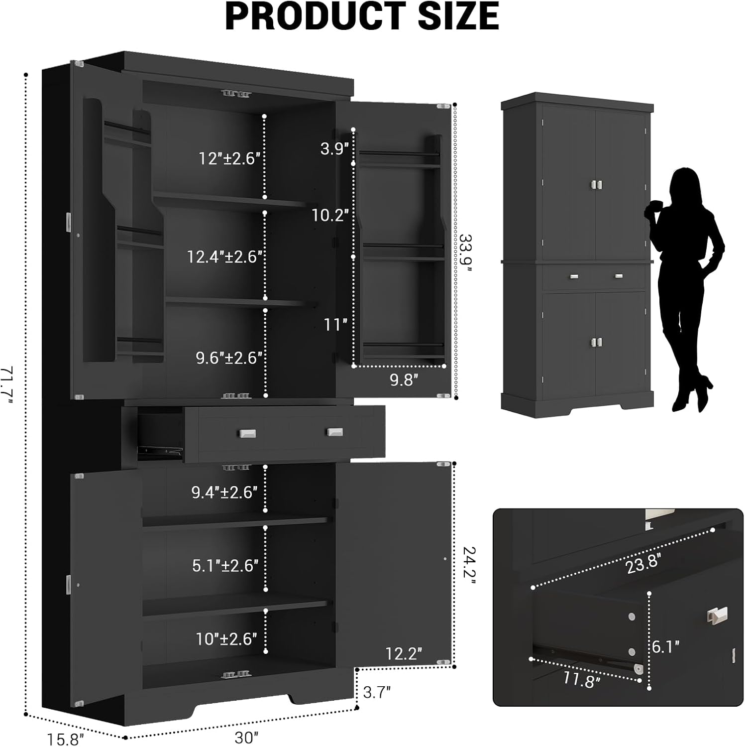 GarveeHome 72' Kitchen Pantry Cabinet, Freestanding Tall Storage Cabinet with 6 Door Shelves, 4 Adjustable Shelves and 1 Drawer, for Kitchen, Living Room, Dining Room, Black