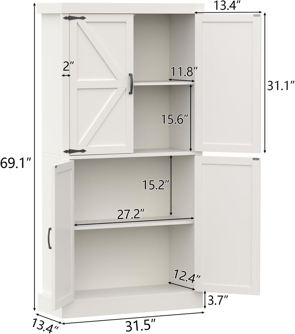 Farmhouse Kitchen Pantry Cabinet,69.1' Tall Kitchen Storage Cabinet with Adjustable Shelves,Modern Bathroom Storage Cabinets,Freestanding Floor Cabinets Cupboard for Living Room,Dining Room (White)