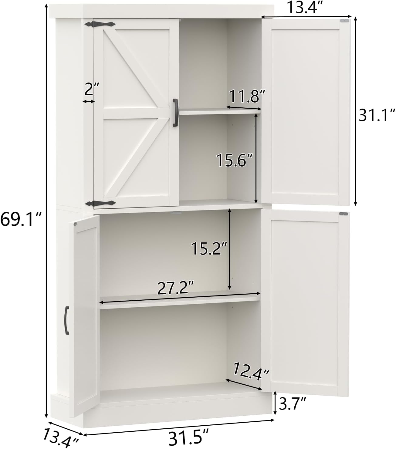 Farmhouse Kitchen Pantry Cabinet,69.1' Tall Kitchen Storage Cabinet with Adjustable Shelves,Modern Bathroom Storage Cabinets,Freestanding Floor Cabinets Cupboard for Living Room,Dining Room (White)