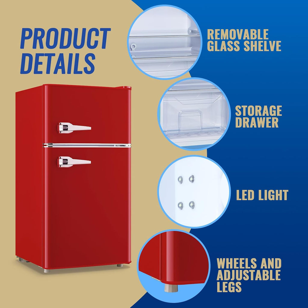3.5 Cu.ft Refrigerator with Freezer Double Door Red Fridge Adjustable Glass Shelves, Plastic Crisper,7 Level Temperature Control Fridge for Dorm, Office, Apartment