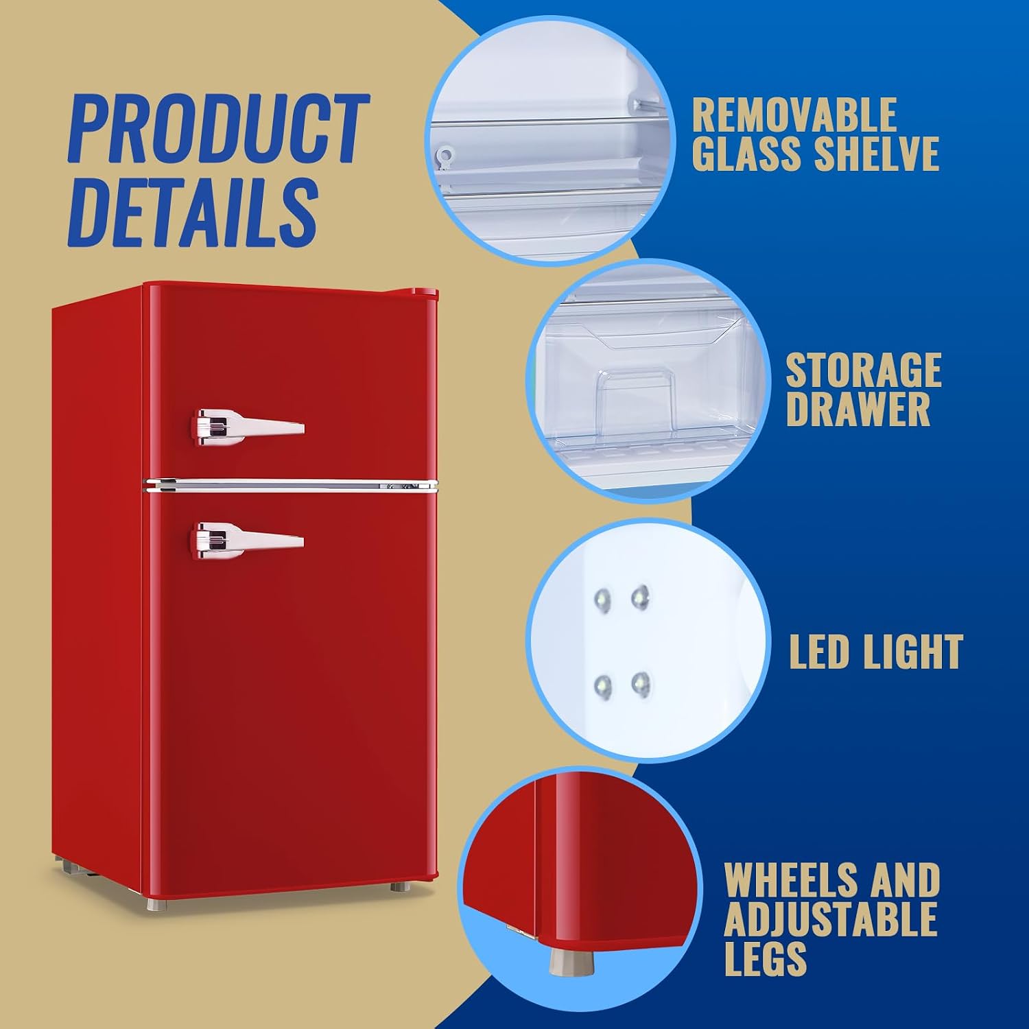 3.5 Cu.ft Refrigerator with Freezer Double Door Red Fridge Adjustable Glass Shelves, Plastic Crisper,7 Level Temperature Control Fridge for Dorm, Office, Apartment