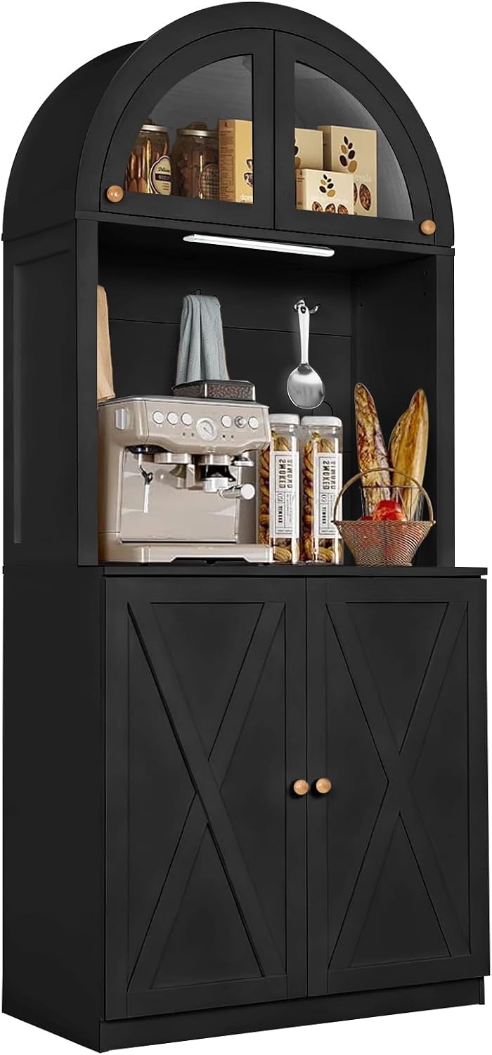 71' Farmhouse Arched Buffet Cupboard with Adjustable Shelves & Glass Door | Sturdy Engineered Wood, Acrylic Glass, Durable, Moisture-Resistant, Easy Assembly, for Dining Room, Bathroom, Living Room