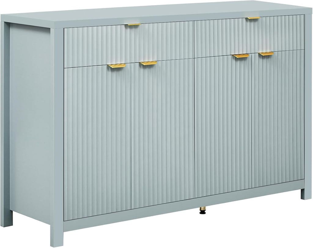 Virubi 55' Fluted Sideboard Buffet Cabinet with Storage Drawers,Doors,Adjustable Shelves and Gold Handles,Wood Modern Sideboard Accent Cabinet for Living Room,Hallway,Entryway (Cyan Green)