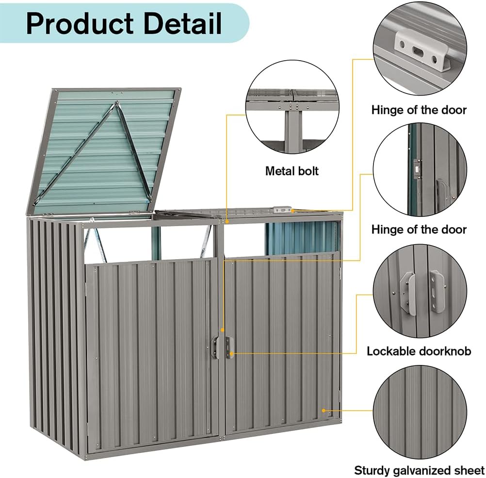 Outdoor Storage Shed for Trash Cans and Yard Tools, Bike Shed Heavy Duty Metal Shed Tool Shed with 2 Doors, Horizontal Stow-Away Storage Shed for Backyard Patio Garden,Gray,63'L × 31.5'W × 48'H