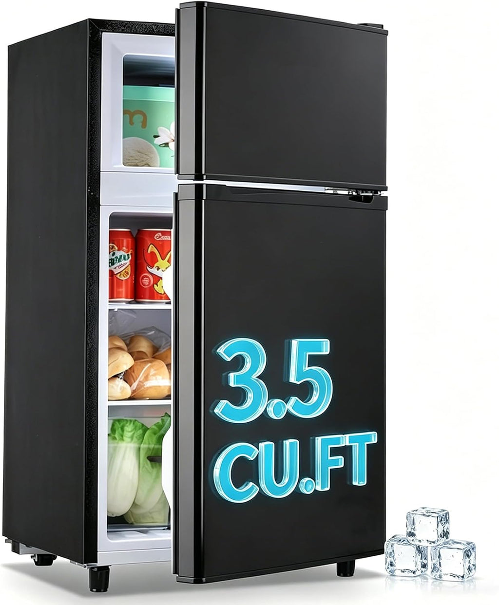 WANAI Mini Fridge with Freezer Small Double Door Refrigerator Freezer-on-Top, Black Fridge with 7 Adjustable Thermostat and Adjustable Shelves