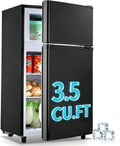 WANAI Mini Fridge with Freezer Small Double Door Refrigerator Freezer-on-Top, Black Fridge with 7 Adjustable Thermostat and Adjustable Shelves