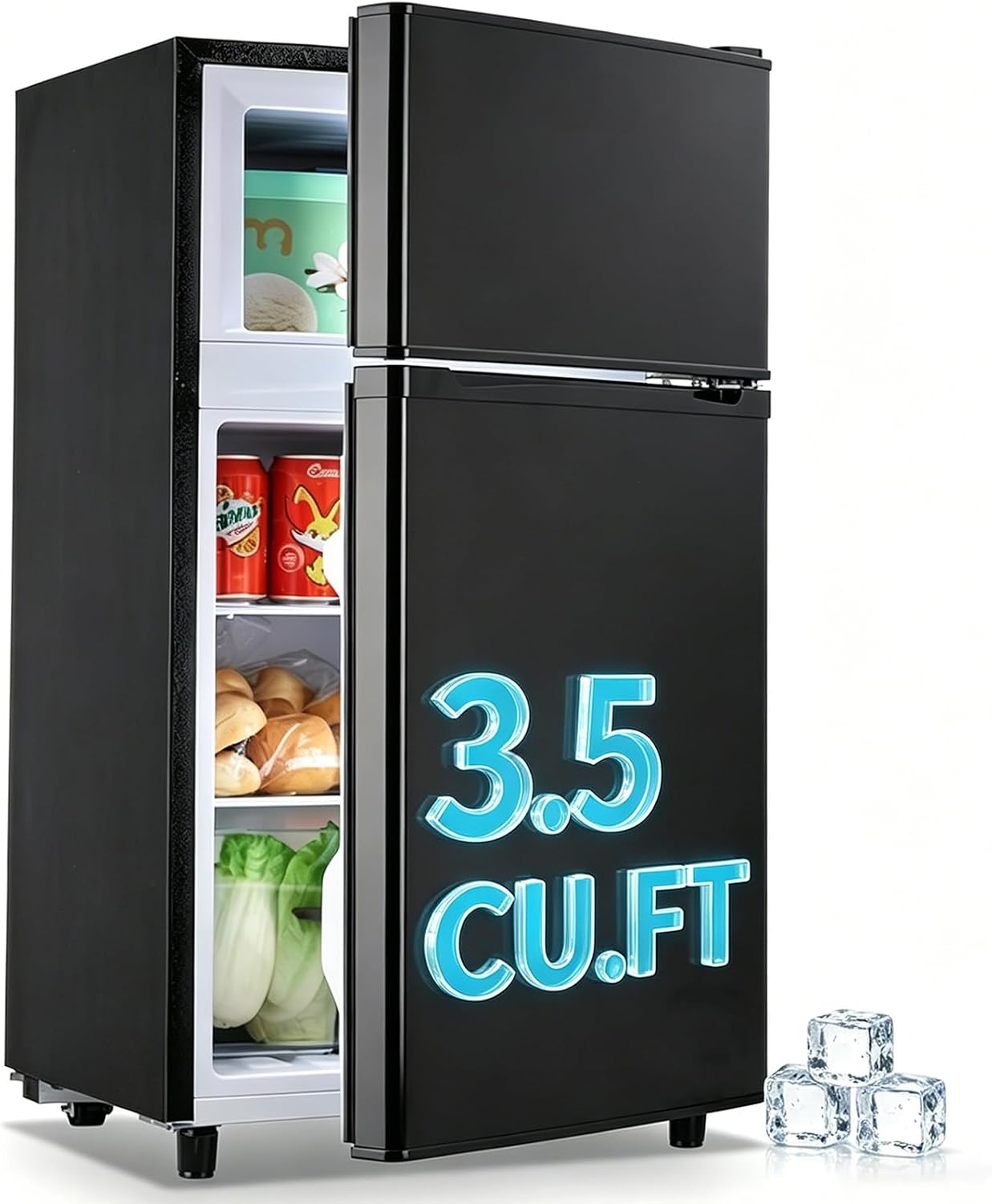 WANAI Mini Fridge with Freezer Small Double Door Refrigerator Freezer-on-Top, Black Fridge with 7 Adjustable Thermostat and Adjustable Shelves