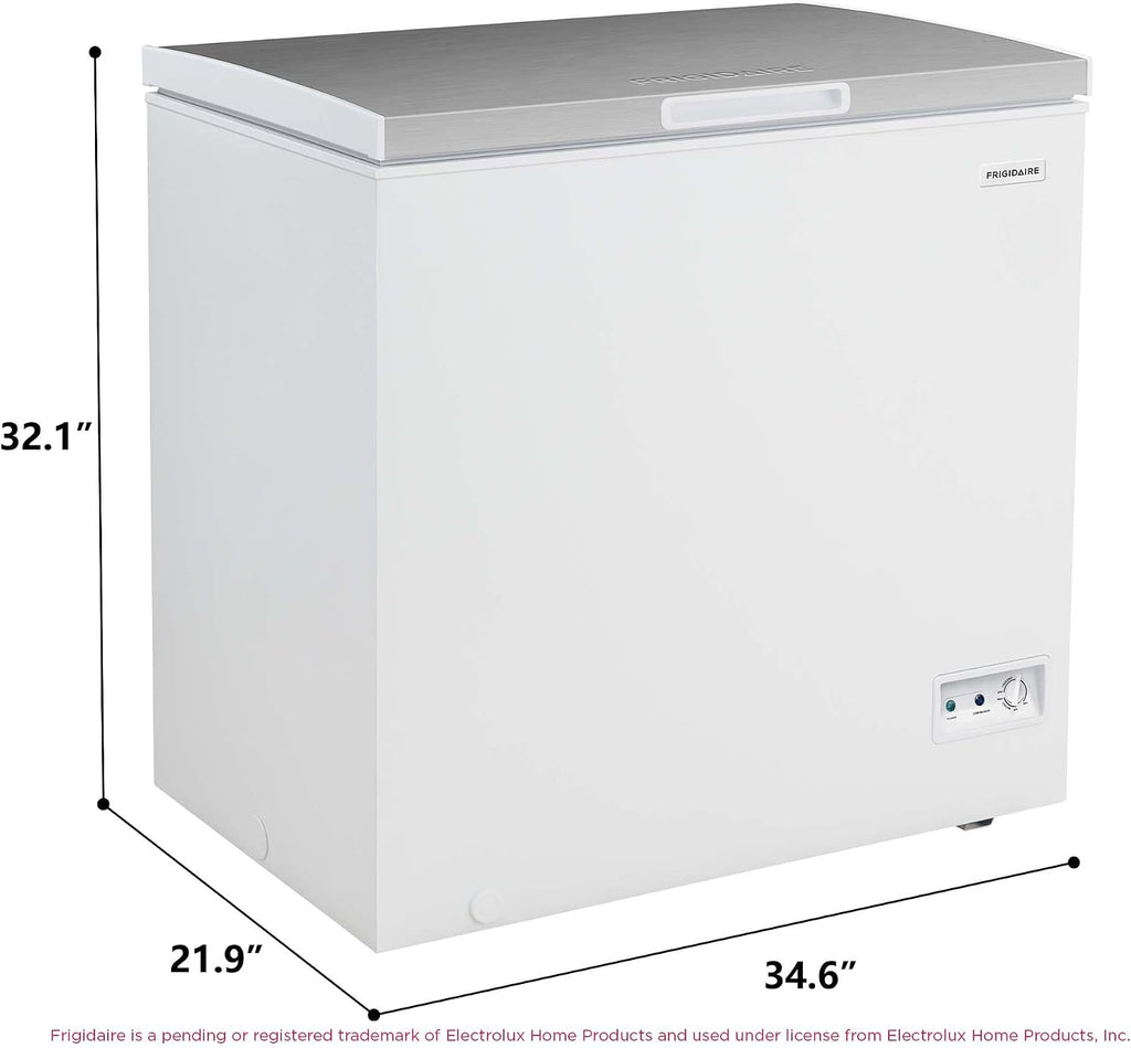 Frigidaire Chest Deep Freezer, 7 Cu. Ft. Capacity, Shiny Stainless Steel Top Lid Design-Adjustable Thermostat-Removable Vinyl Coated Wire Basket-Easy Defrost Drain- Garage Ready