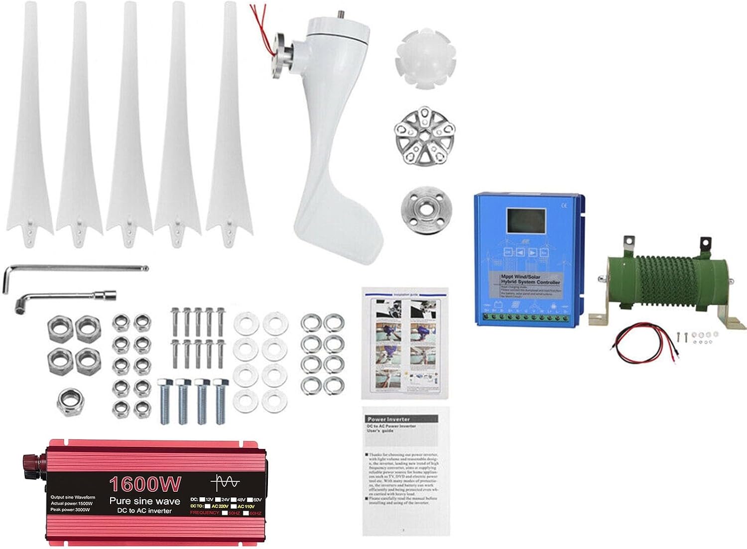 12V 24V Wind Turbine Generator Kit 1000W Wind Turbine with MPPT Controller + 1600W Inverter for Home Engineering Use Wind and Solar Complementary Street Lighting (Color : 1000W, Size : 12V)