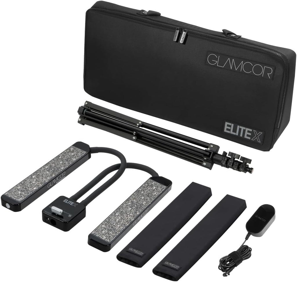GLAMCOR Elite X Portable LED Lighting Kit for Eyelash Extension, Esthetician, Makeup, Filming & Photography | 5600K Five-Stage Dimming Daylight, with Travel Bag & Tripod (Black w/Black Sparkle)
