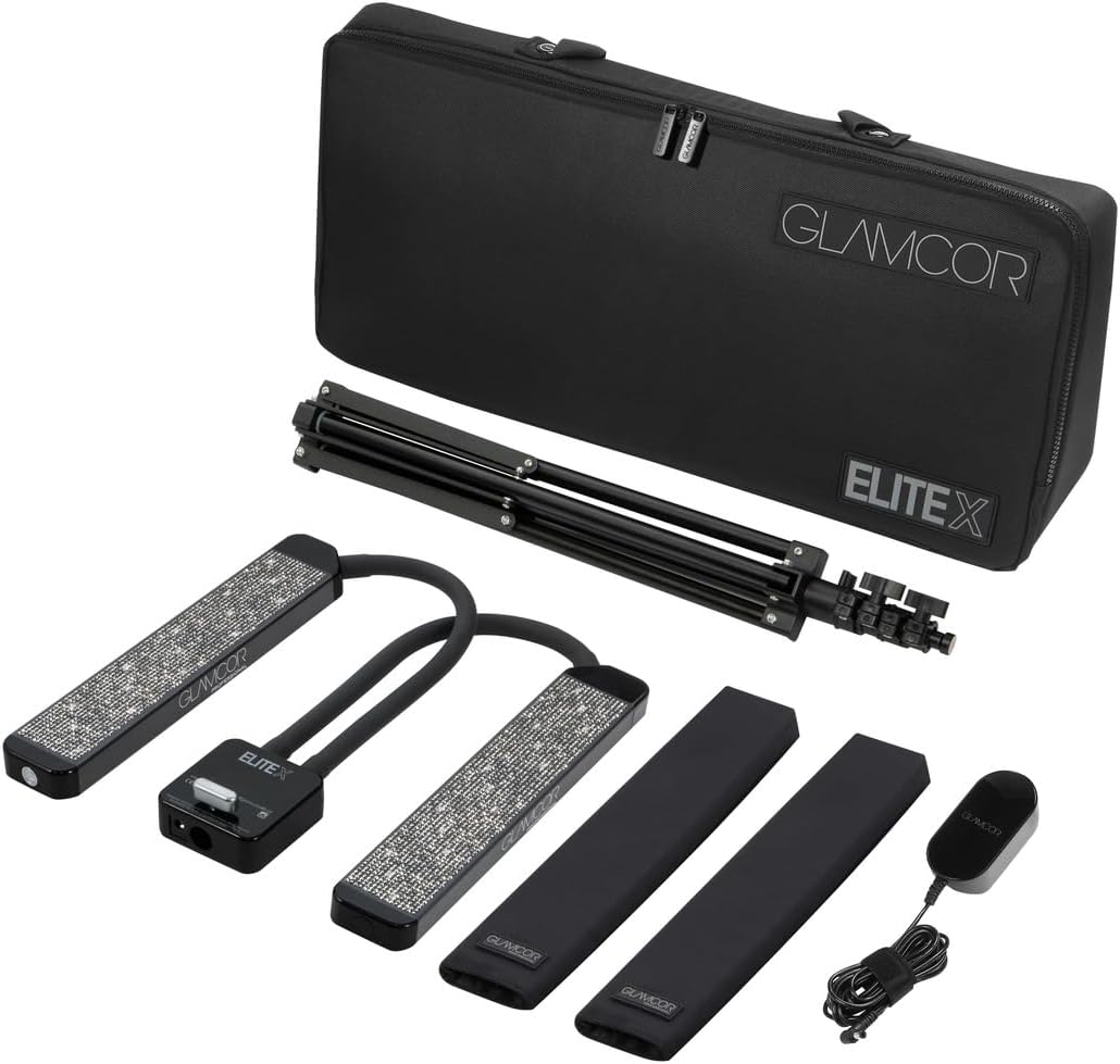 GLAMCOR Elite X Portable LED Lighting Kit for Eyelash Extension, Esthetician, Makeup, Filming & Photography | 5600K Five-Stage Dimming Daylight, with Travel Bag & Tripod (Black w/Black Sparkle)