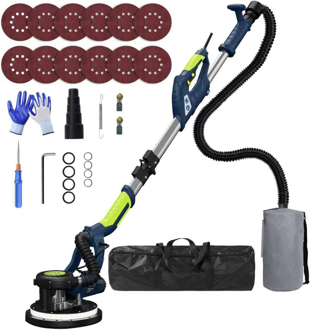 Drywall Sander, 2026 Upgraded 8-Amp Popcorn Ceiling Removal Tool with 7 Variable Speed 800-1800RPM, Drywall Sander with Vacuum Dust Collector with LED Light, Extendable Handle,12pcs Sanding Discs,Blue