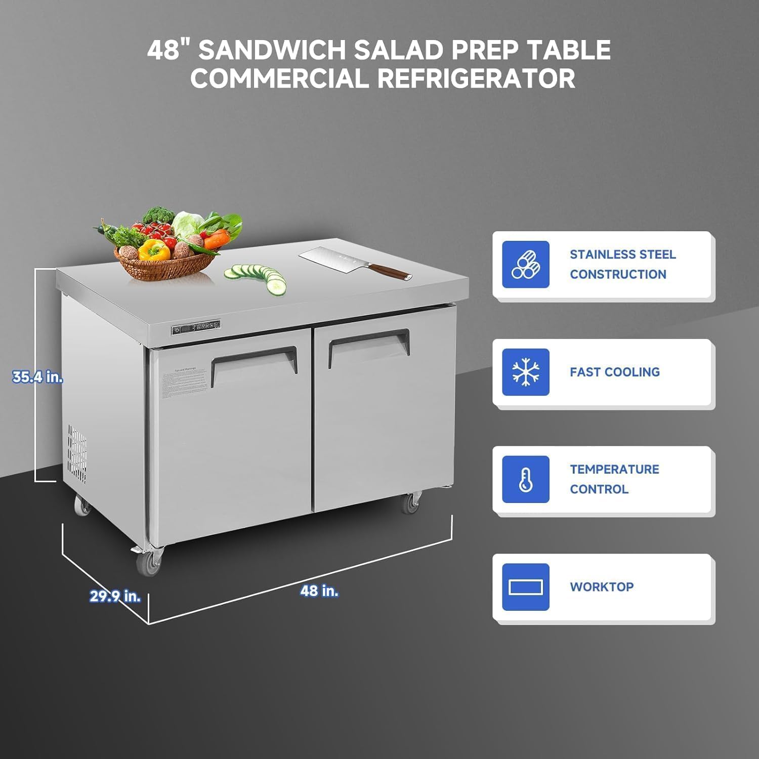GarveeLife Commercial 48' Double Door Sandwich & Salad Prep Refrigerator – Stainless Steel Undercounter Worktop with Digital Thermostat, Lockable Cold Storage, Heavy-Duty for Restaurant, Bar, Buffet