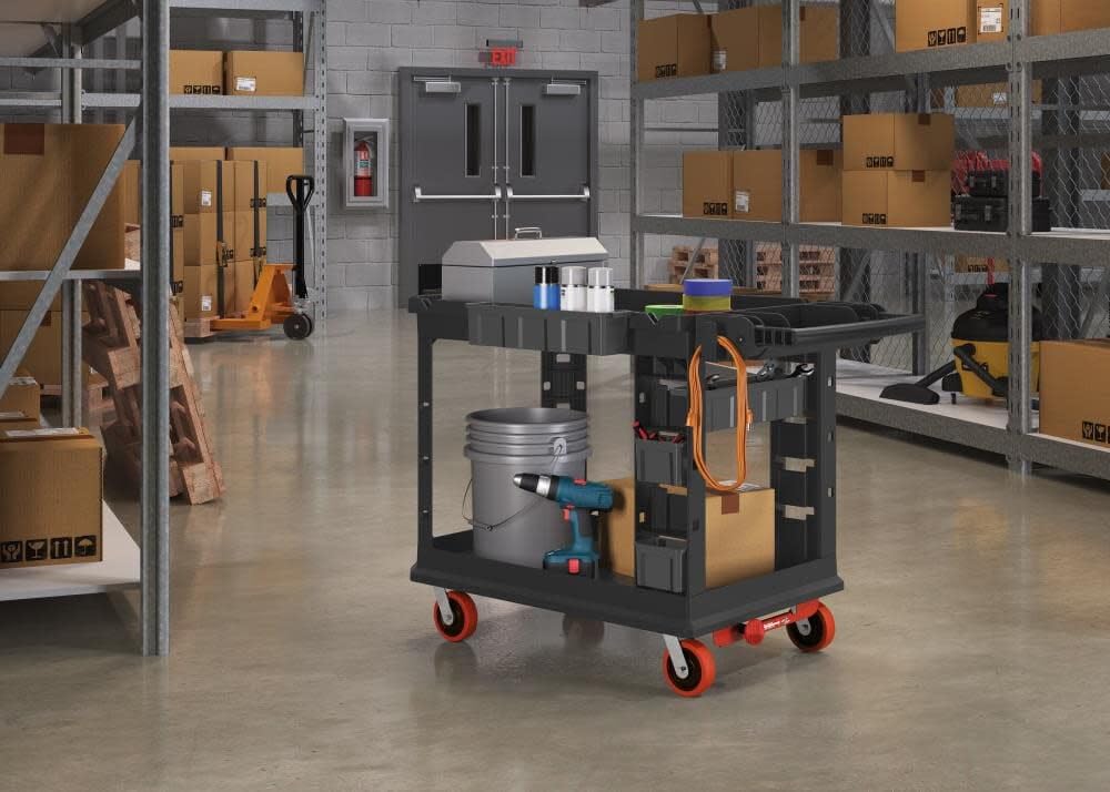 Suncast Commercial Heavy Duty Plus Utility Cart with Polyurethane Coated Wheels, Adjustable Caster System, Customizable Bin Storage, 6 Customizable Bins, 500 Pounds Load Capacity, Black