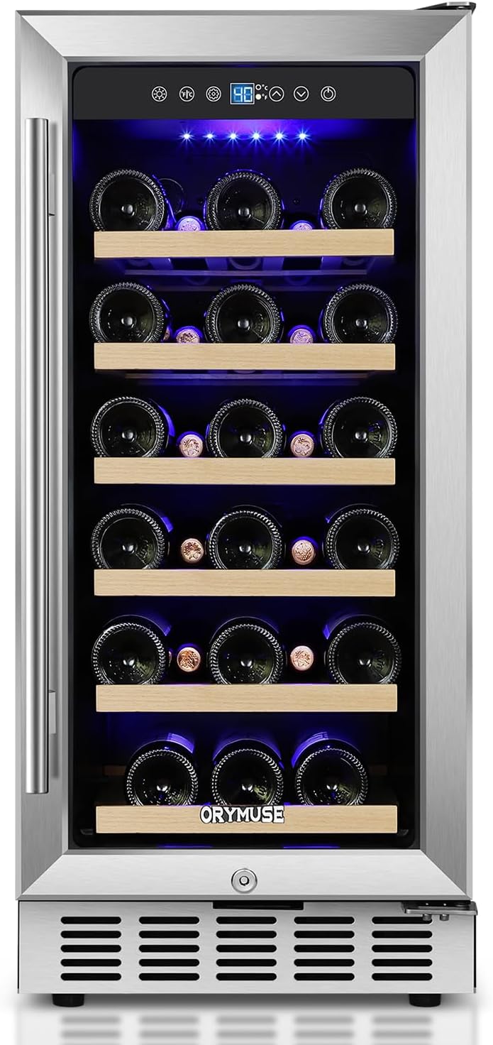 ORYMUSE 15 Inch Wine Cooler Under Counter, 30 Bottle Wine Fridge with Stainless Steel Glass Door, Built-In or Freestanding Wine Cellar with Removable Shelves and Digital Temperature Control