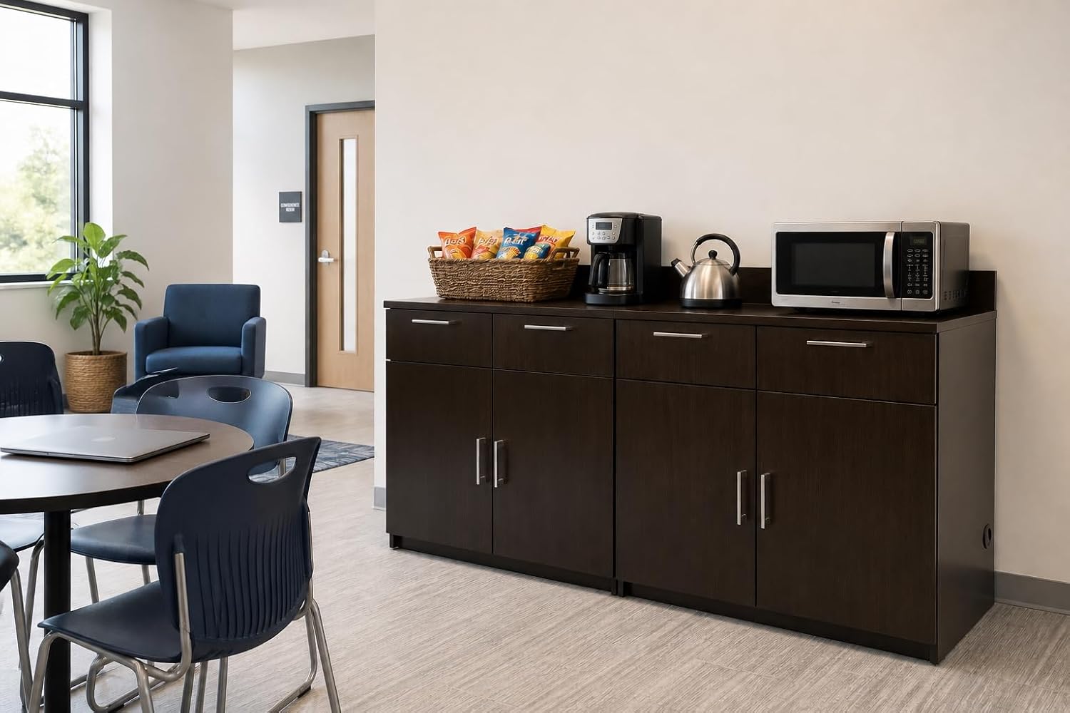 BREAKtime 2-Door Office Storage Cabinet for Breakroom, Commercial Coffee Station Cabinet, Fully Assembled, 72' W x 24' D x 36' H, Appliances Not Included