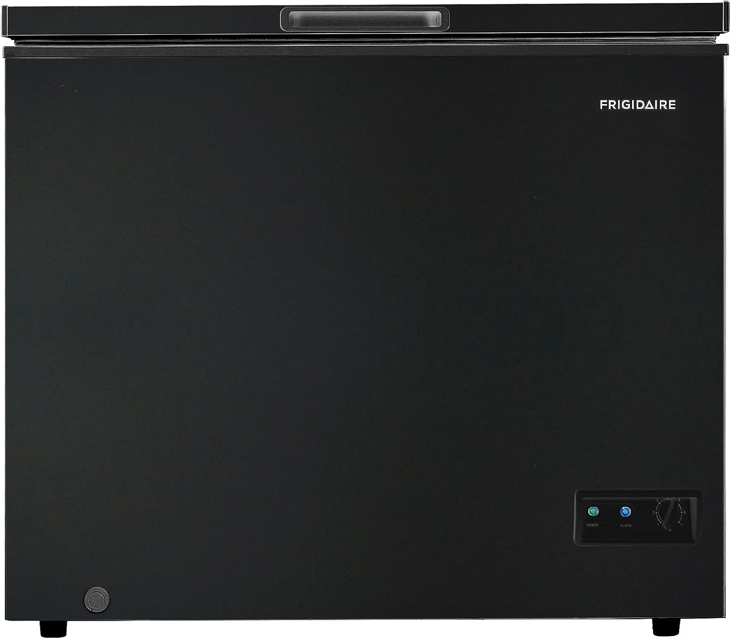 FRIGIDAIRE EFRF7003-BLACK Chest Deep Freezer, 7 Cu. Ft, Black Adjustable Thermostat-Removable Vinyl Coated Wire Basket-Easy Defrost Drain