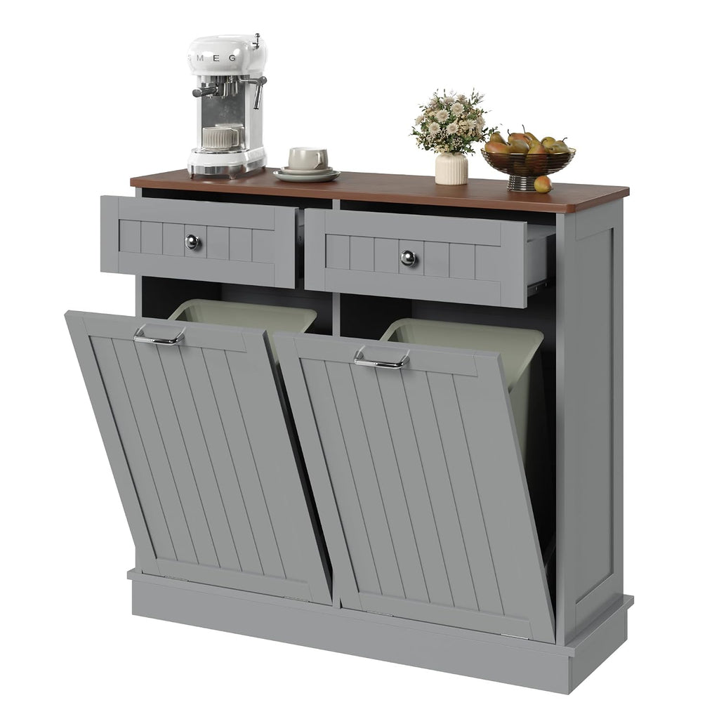KIGOTY Double Tilt Out Trash Can Cabinet, 20 Gallon Hidden Trash Storage Cabinet with 2 Hideaway Drawers, Freestanding Trash Can for Kitchen, Wooden Laundry Hamper Cabinet, Pet Proof (Grey)
