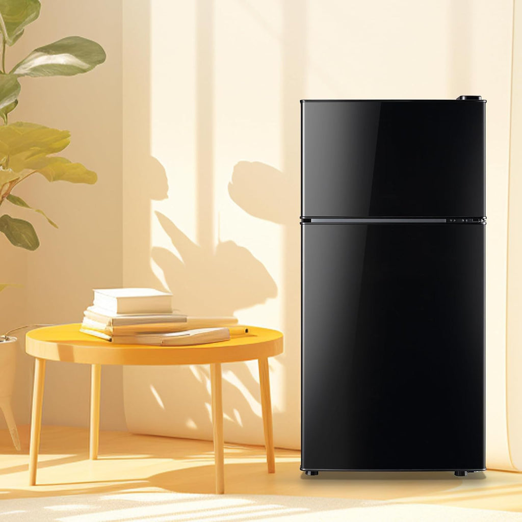 DEMULLER Retro Mini Fridge with Freezer Dual Door Apartment Size Small Refrigerator with Egg Tray, Dorm Compact Fridge with Removable Plastic Shelves, 2.4Cu.ft, 14.96' D x 14.57' W x 30.8' H, Black