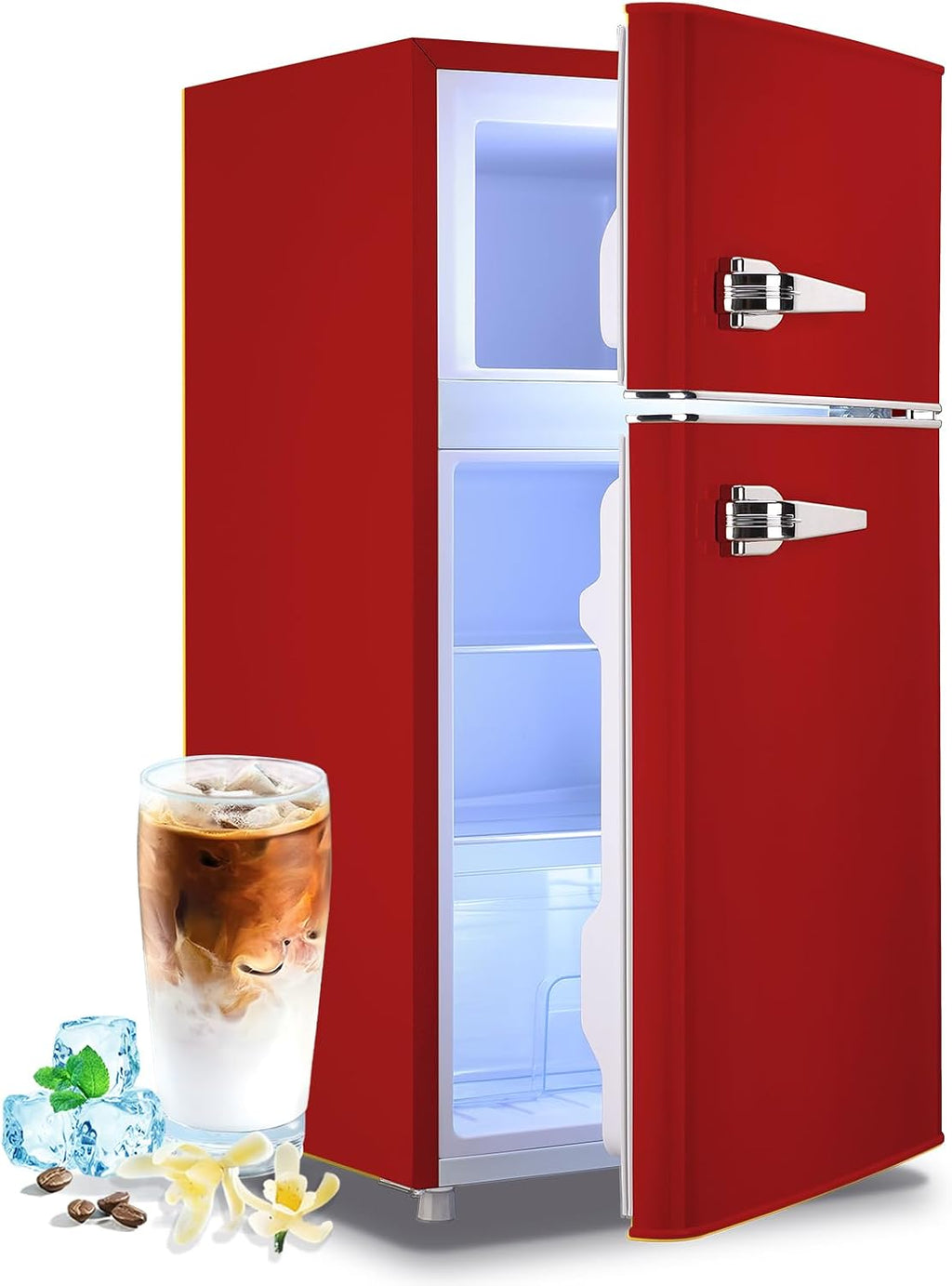 Small Fridge with Freezer Mini Refrigerator Double door Removable Glass Shelves 7 Temp Gear Detachable Handle Red