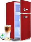 Small Fridge with Freezer Mini Refrigerator Double door Removable Glass Shelves 7 Temp Gear Detachable Handle Red