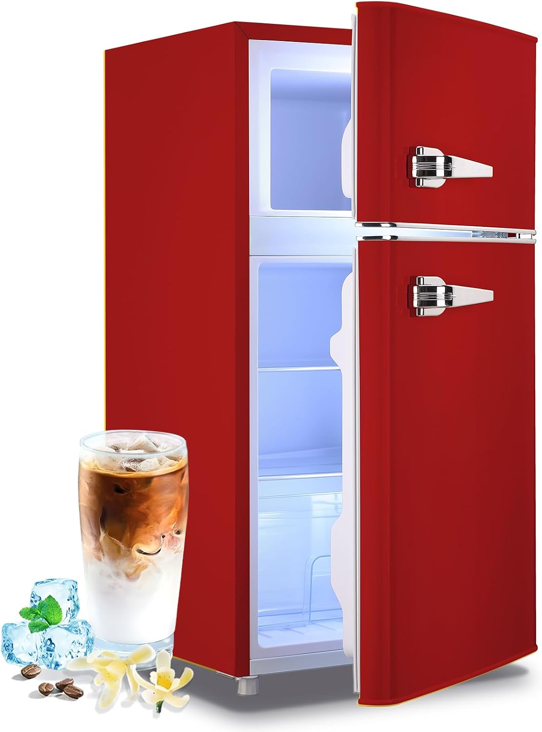 Small Fridge with Freezer Mini Refrigerator Double door Removable Glass Shelves 7 Temp Gear Detachable Handle Red
