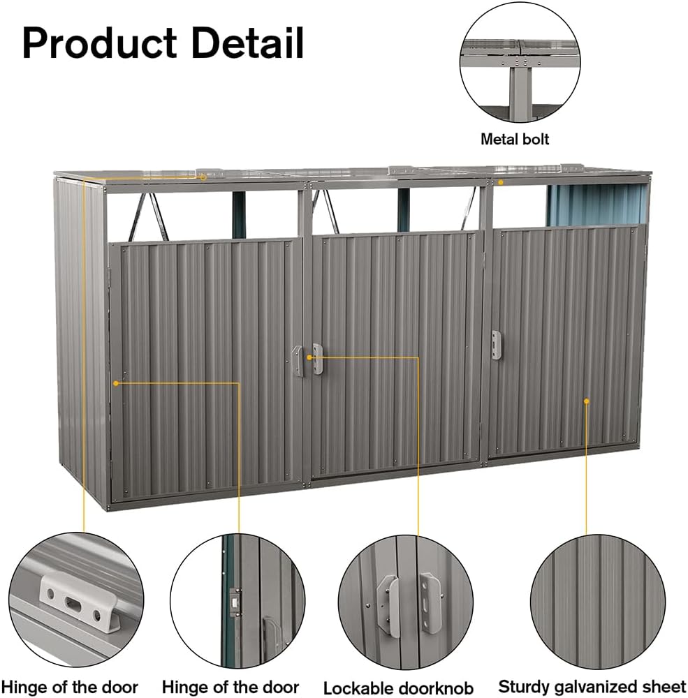 Outdoor Storage Shed for Trash Cans and Yard Tools, Bike Shed Heavy Duty Metal Shed Tool Shed with 3 Doors, Horizontal Stow-Away Storage Shed for Backyard Patio Garden,Gray,95' L × 31.5' W × 48' H
