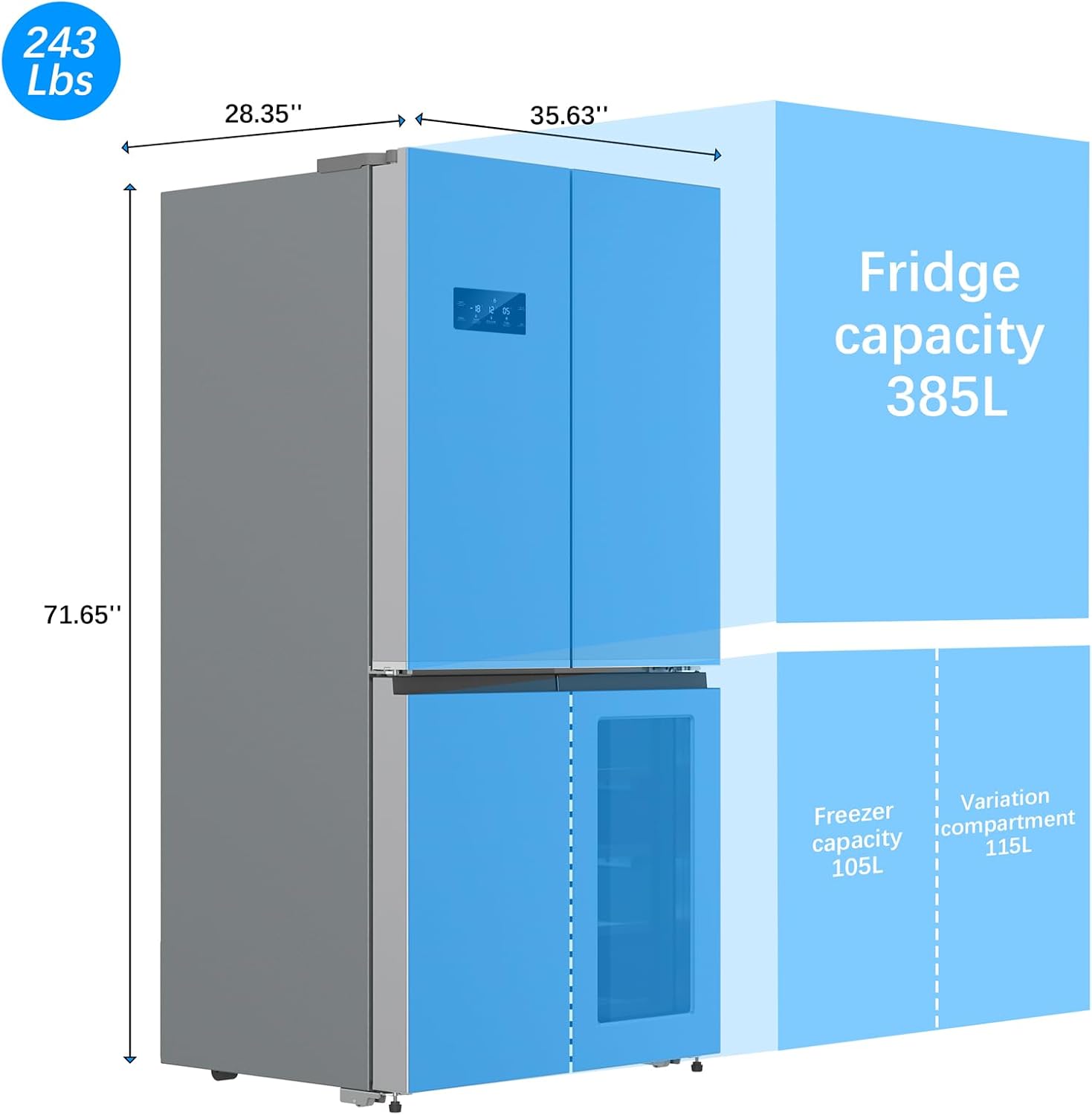 GarveeLife 36 In French Door Refrigerator, 21 Cu.Ft. Counter Depth Refrigerator Bottom Freezer with Wine Cabinet, Stainless Steel 4 Doors Fridges Kitchen Freezer, Adjustable Shelves