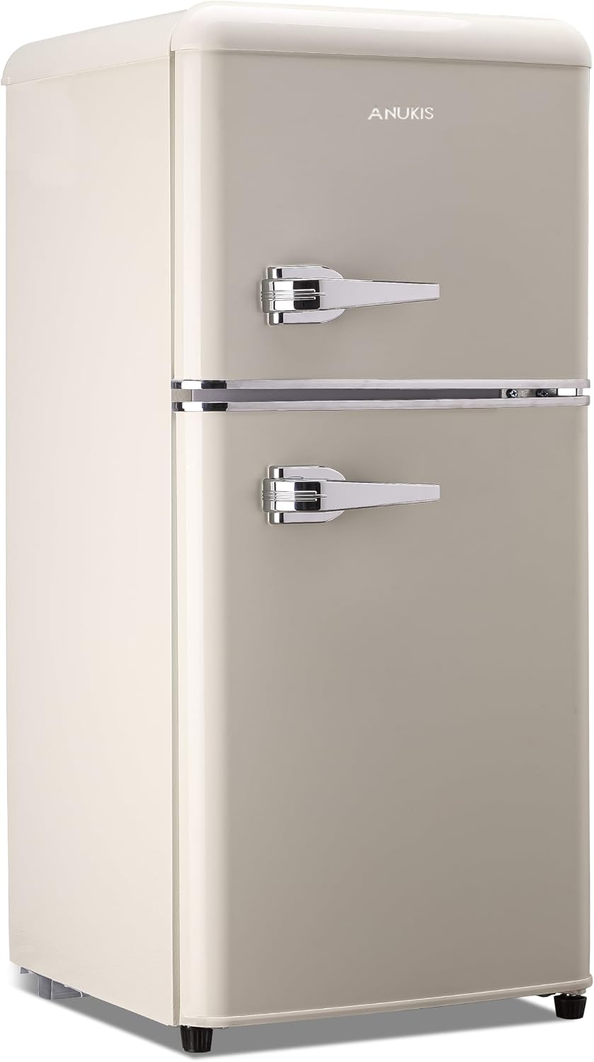 Anukis Mini Fridge with Freezer 3.2 Cu Ft 2 Door Compact Refrigerator for Apartment, Dorm, Office, Family, Basement, Garage - Retro Cream