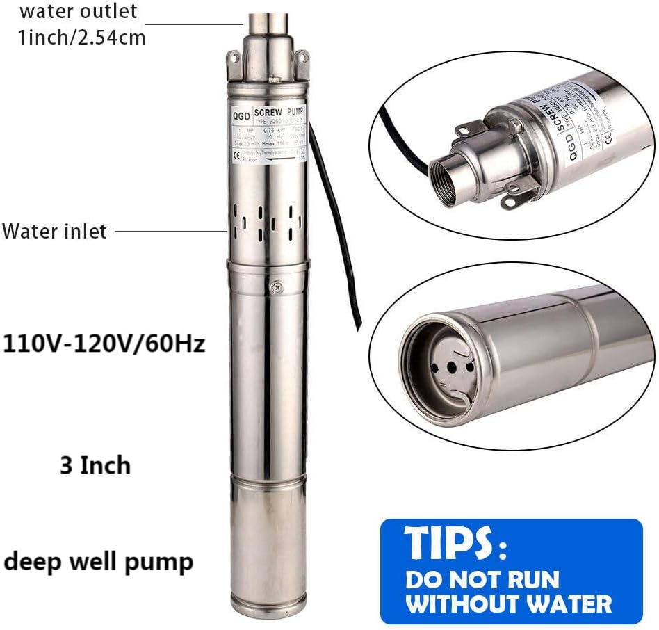 3Inch Stainless Steel Deep Well Submersible Pump - 110V, 8cm Bore, Max. Lift 335ft, 11GPM for Home, Garden, Agricultural Irrigation