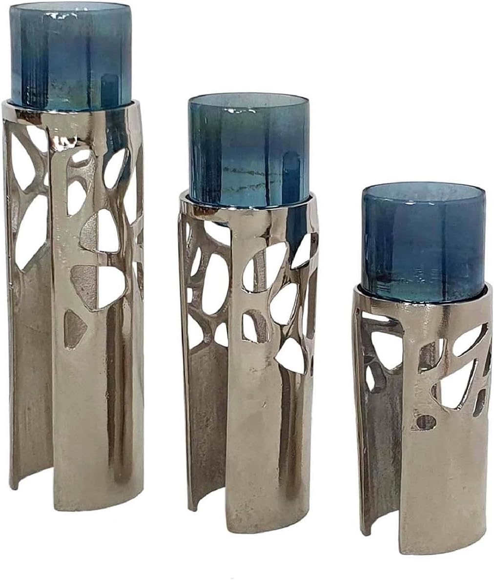 A&B Home Glass Candle Holder Set - Set of 3 Glass Votive Candle Holder with Aluminum Base, Decorative Tabletop Lighting, Living Room Coffee Table Accent Piece Dining Table Centerpiece, 11' x 4' x 13'