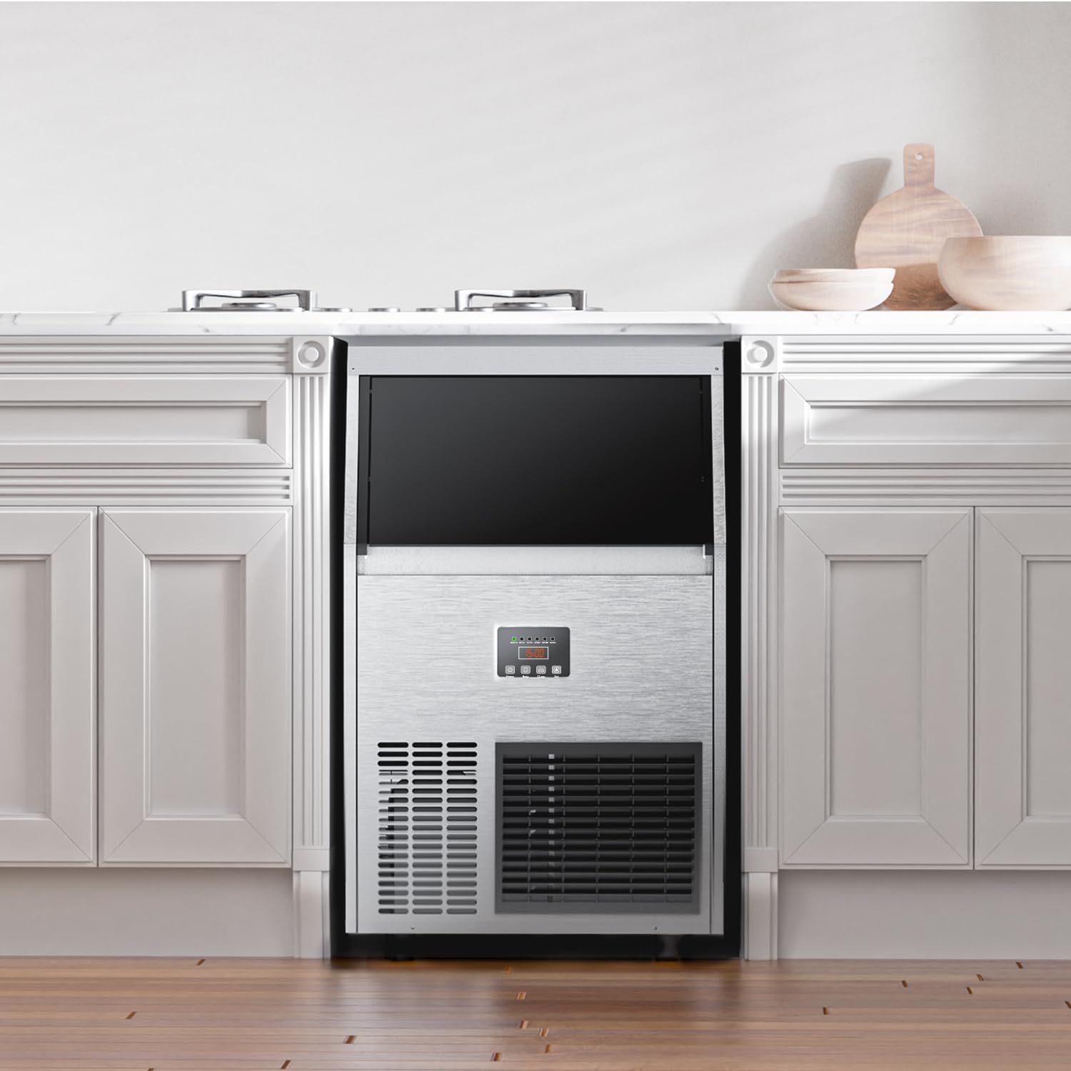 Coolake Commercial Ice Maker Machine 200 Lbs/24H with 50 Lbs Storage Bin, Stainless Steel Under Counter Ice Machine, Self Cleaning Freestanding Ice Maker for Home Bar Garage Outdoor Kitchen