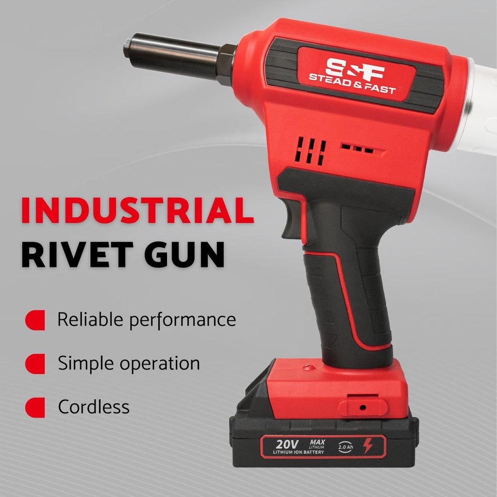 S&F STEAD & FAST Cordless Rivet Tool Kit, 1/8' - 1/4', Brushless, Industrial Grade, with Battery (2 pcs) and Charger, Electric Rivet Gun Set with Case