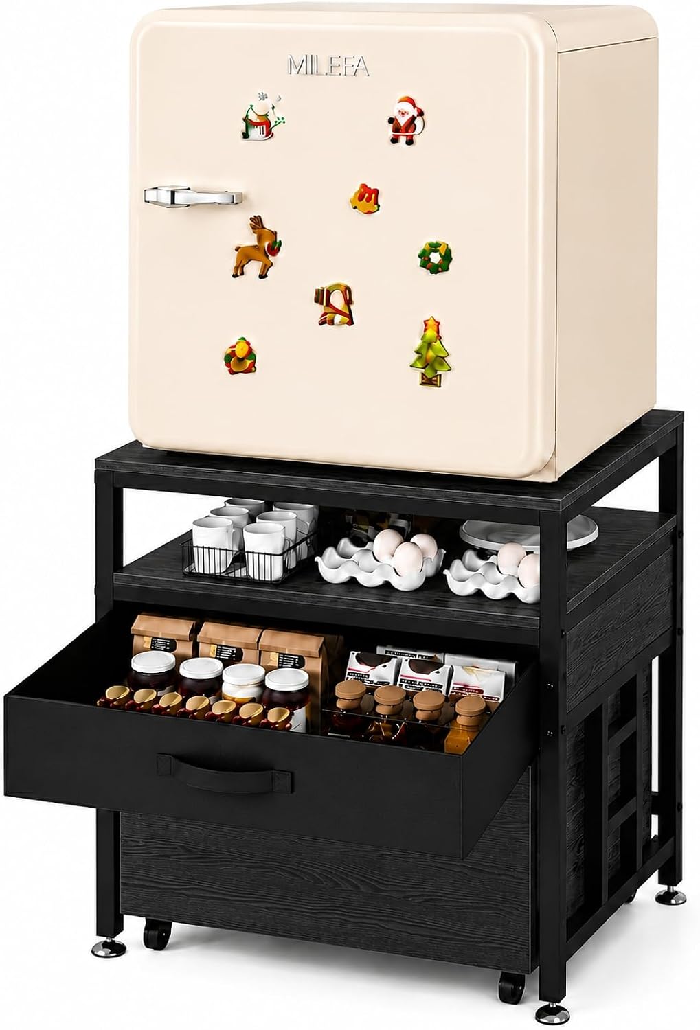 Mini Fridge Stand with Storage Drawer for Dorm Room, 220 lb Heavy Duty Refrigerator Stand with Power Outlet and Pull-Out Basket, Small Fridge Table for Apartment, office, Kitchen, Black
