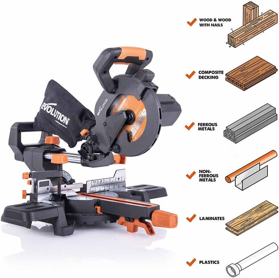 Evolution Power Tools R185SMS+ Sliding Miter Saw with Multi-Material Cutting, 45 Degree Bevel, 50 Degree Miter, 210 mm Slide, Blade Included Cuts Wood Plastic Metal & More, 7-1/4'