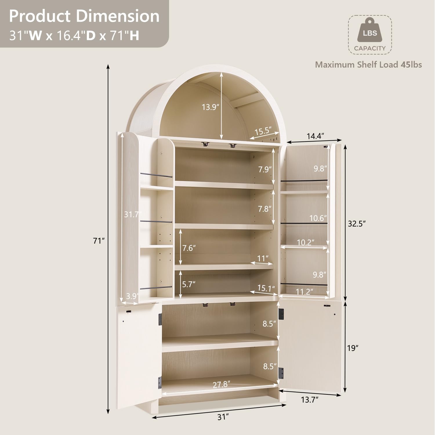 IFBUY 71' Tall Arched Bathroom Storage Cabinet, Modern Fluted Storage Cabinet w/Doors, 3 Adjustable Shelves, 6 Door Shelves, Wood Freestanding Cabinet for Bathroom, Entryway, Hallway, Cream