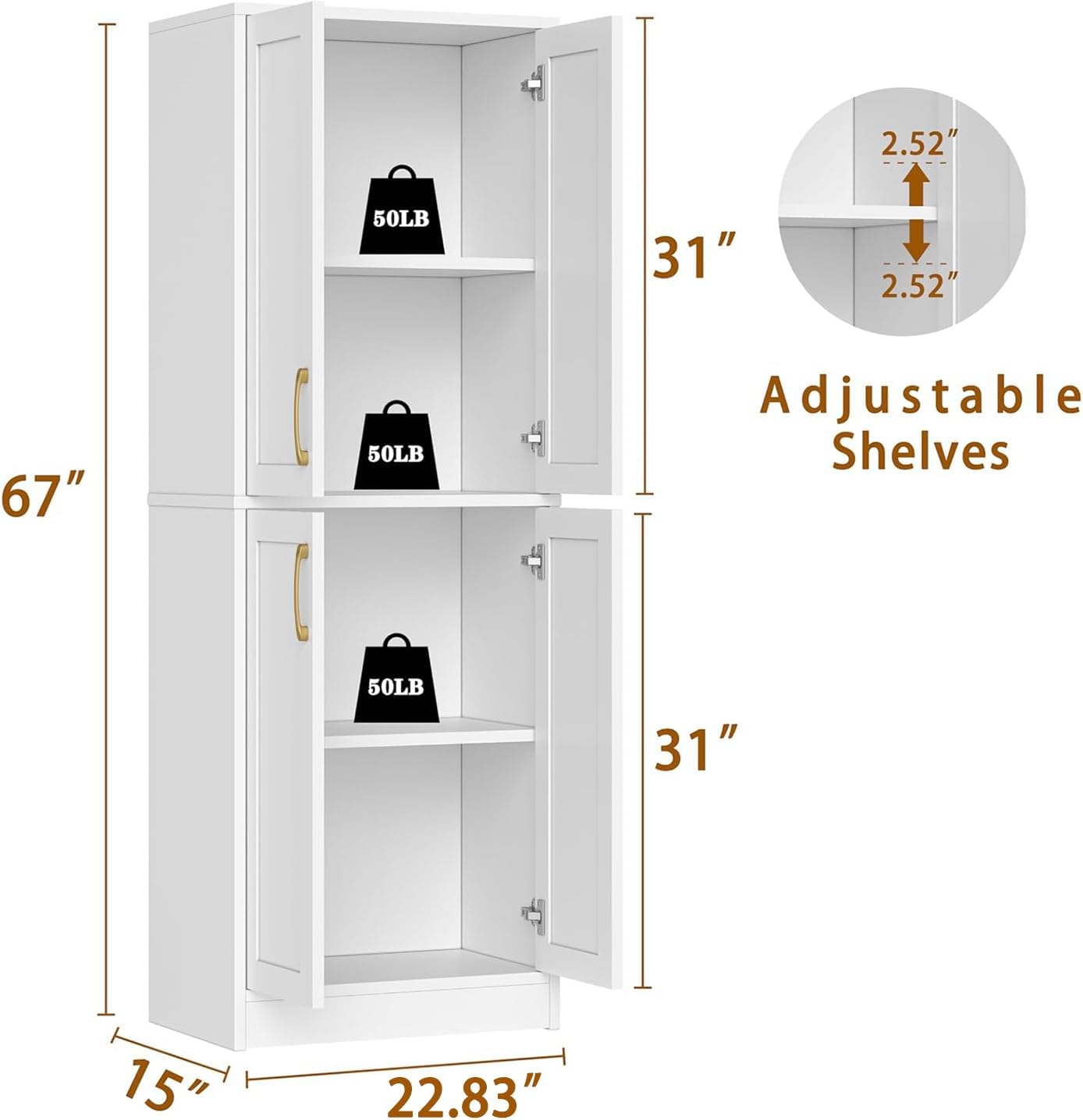 Tall Storage Cabinet, Kitchen Pantry with 4 Doors and Adjustable Shelves, Linen Bathroom Cabinet for Laundry Room, Dining Room, Living Room, Office, White
