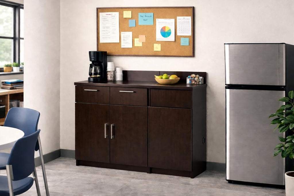 BREAKtime Breakroom Cabinet with Trash Bin Storage, Office Coffee Station Cabinet, Commercial-Grade, Fully Assembled, 54' W x 24' D x 36' H, Trash Bin Included, Appliances Not Included