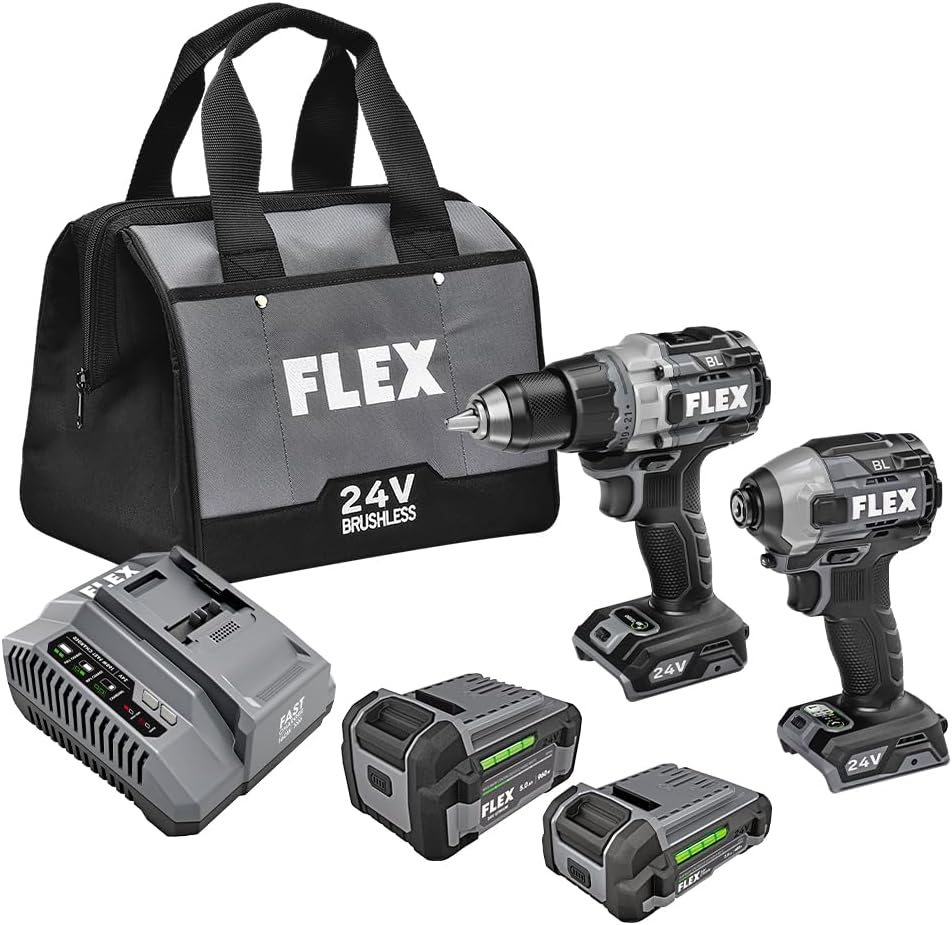 FLEX 24V Brushless Cordless 2-Tool Combo Kit: 1/2-Inch Drill Driver with Turbo Mode and 1/4-Inch Quick Eject Hex Impact Driver with 2.5Ah, 5.0Ah Lithium Batteries and 160W Fast Charger - FXM204-2B